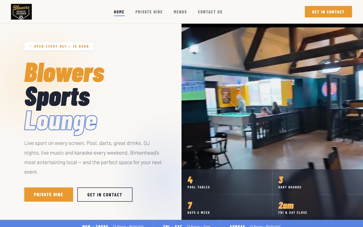 Blowers Sports Lounge, Birkenhead - sports bar website designed and built by Vista Growth