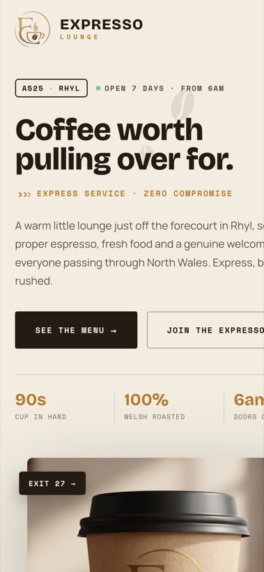 Expresso Lounge website on mobile