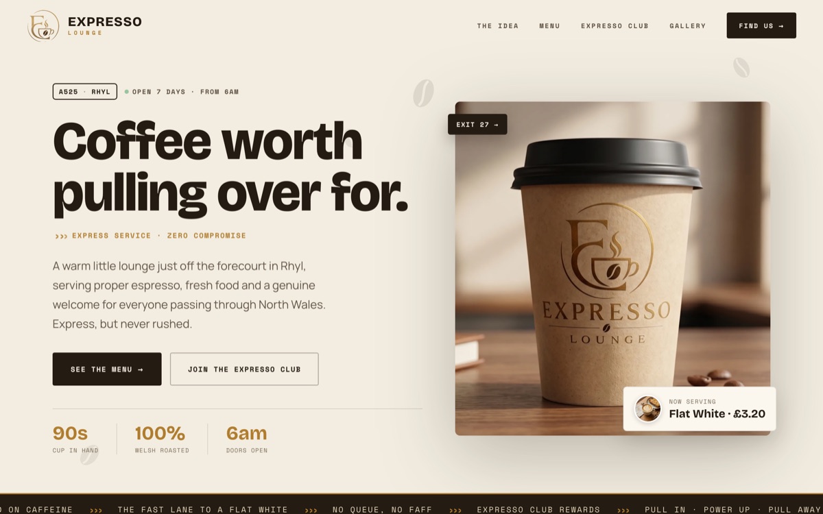 Expresso Lounge, Rhyl - coffee lounge website designed and built by Vista Growth