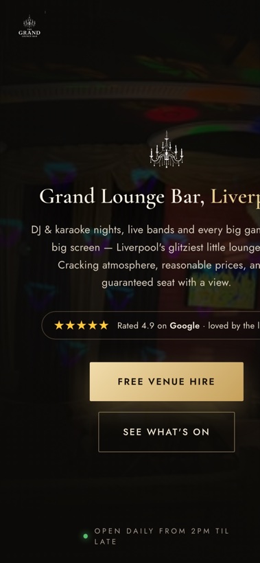 The Grand Lounge Bar website on mobile