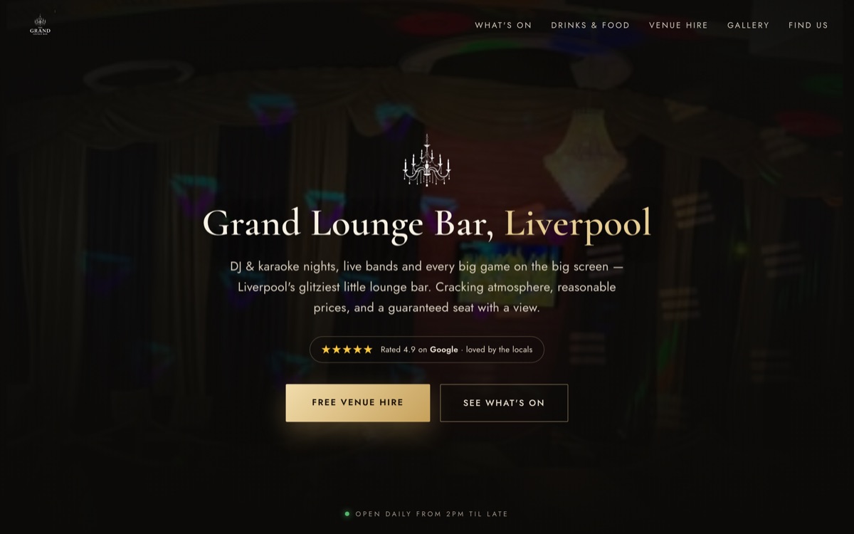 The Grand Lounge Bar, Liverpool - bar and venue website designed and built by Vista Growth